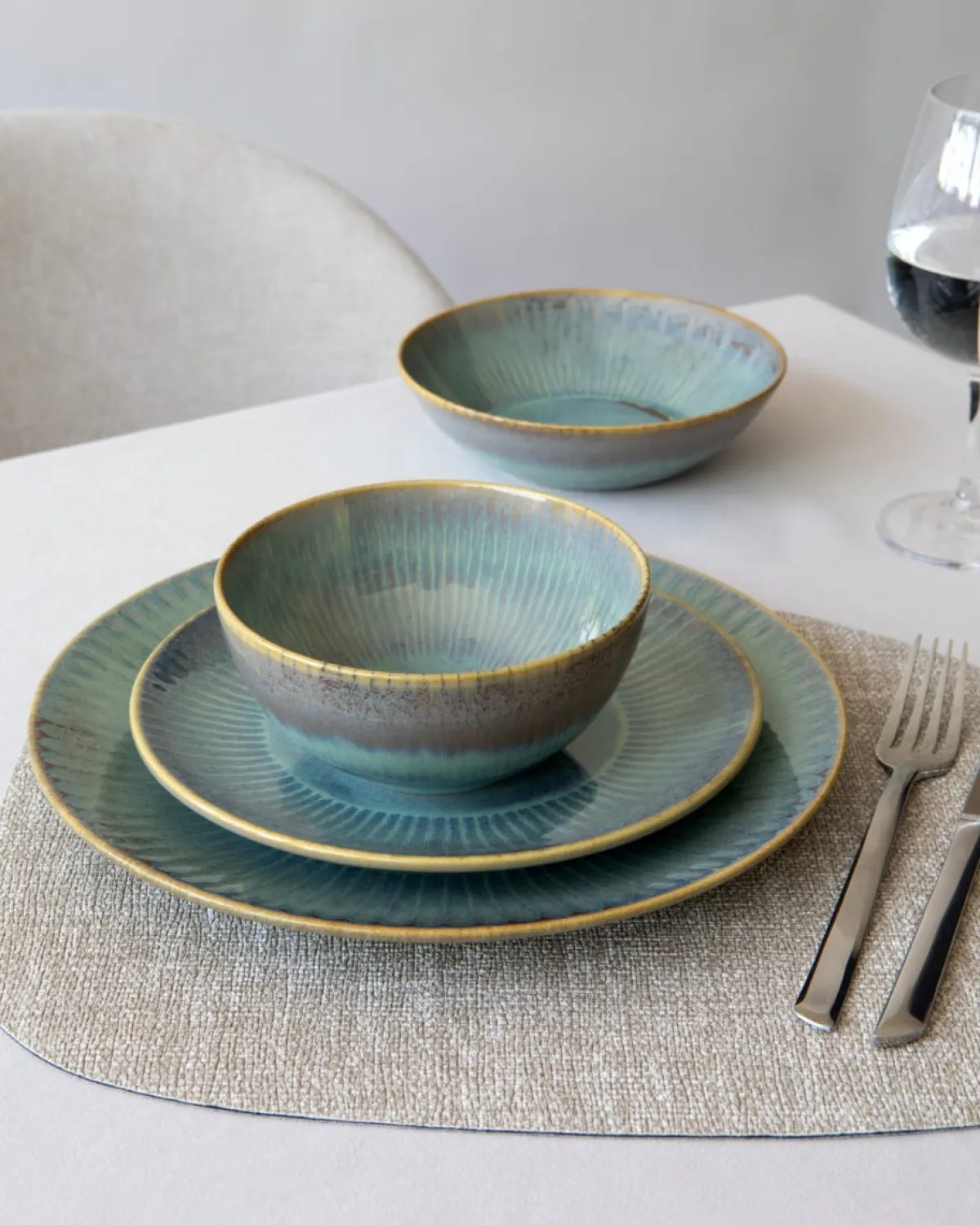 ACCOLADE Assiette coupe plate rond bleu vert grès émaillé Ø 27 cm Lotus Hot