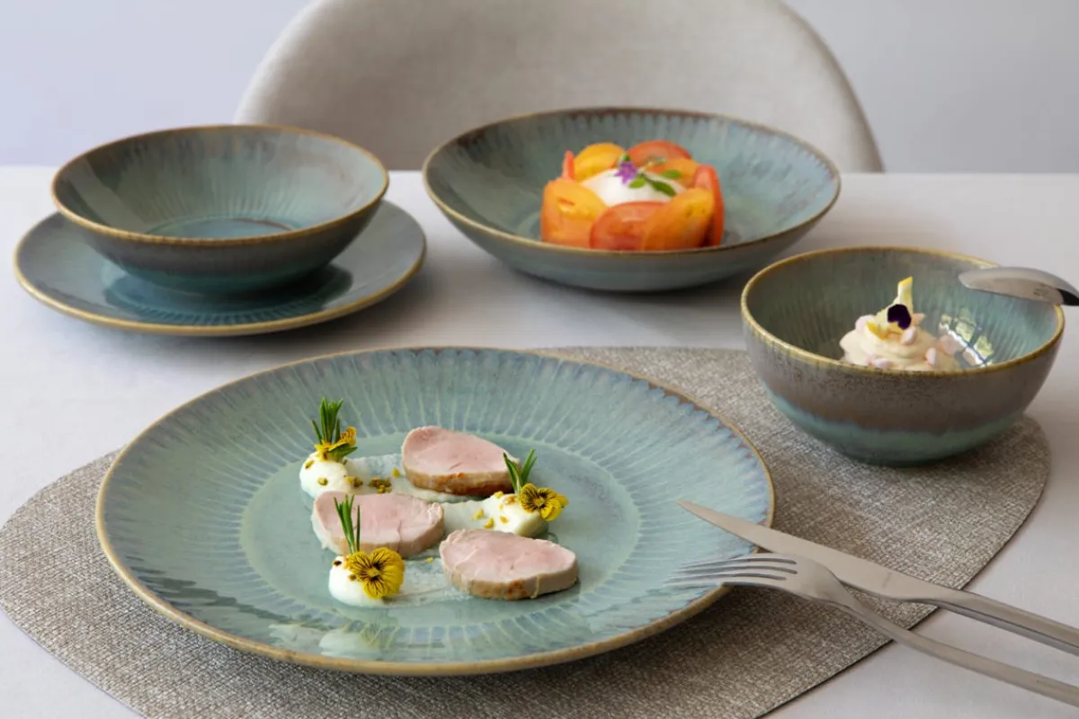 ACCOLADE Assiette coupe plate rond bleu vert grès émaillé Ø 27 cm Lotus Hot