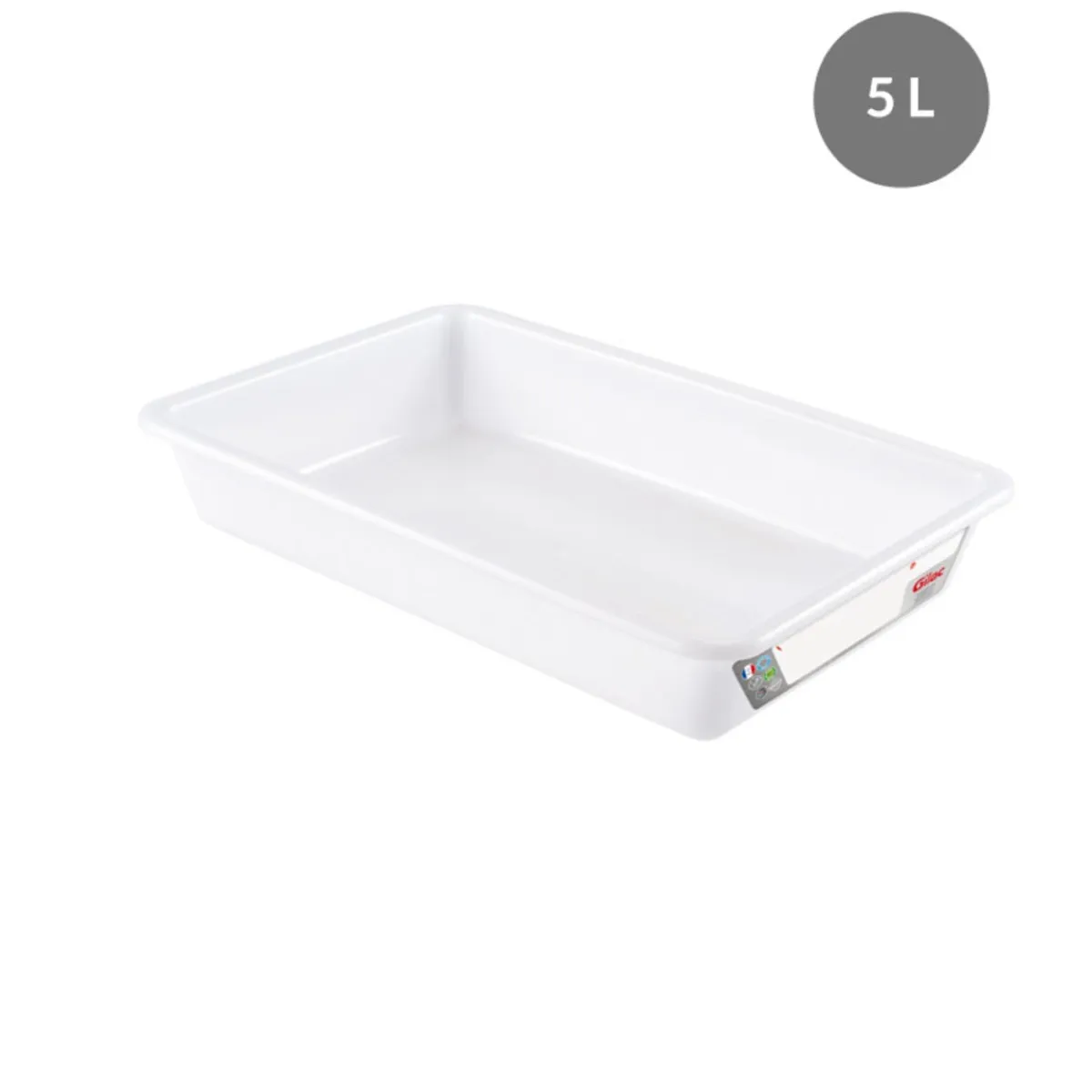 Bac plat HACCP Sans couvercle blanc plastique 44x28,5x7,5 cm 5 L fond plein parois pleines - GILAC New
