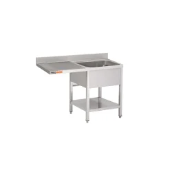 PROINOX Plonge 1 bac avec espace lave-vaisselle inox 140 cm x 85 cm Avec dosseret à gauche Avec étagère Sale