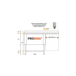 PROINOX Plonge 1 bac avec espace lave-vaisselle inox 140 cm x 85 cm Avec dosseret à gauche Avec étagère Sale