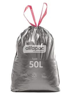 Sac à déchets avec lien coulissant plastique gris 50 L 25 microns (30 pièces) - Alfapac Best