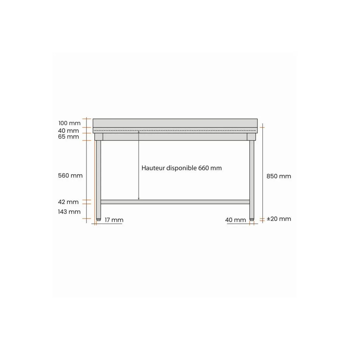 Table inox 200 cm x 85 cm Avec dosseret Avec étagère - PROINOX Clearance
